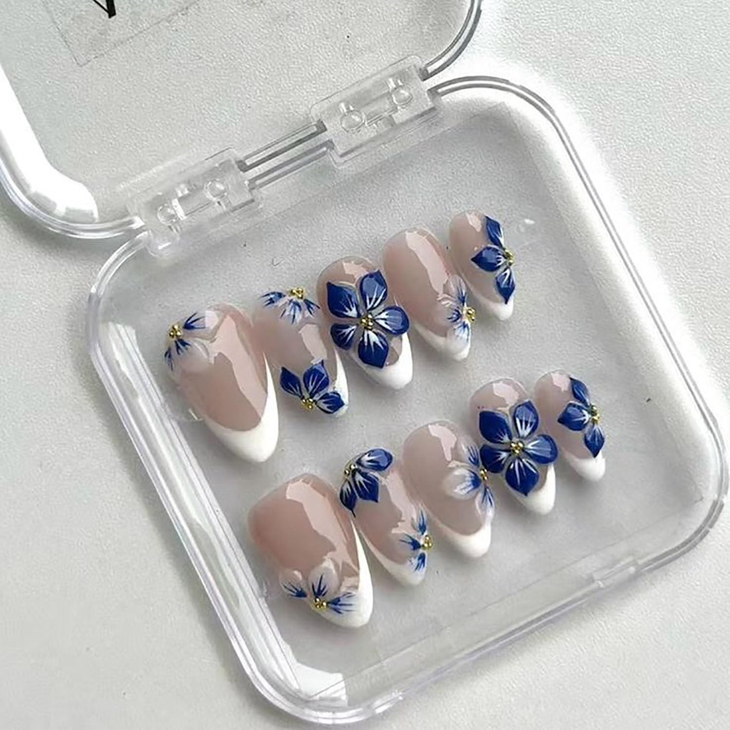 24Pcs Blue Flower Press on Nails Medium Almond Fake Nails with 3D Gold Rhineston