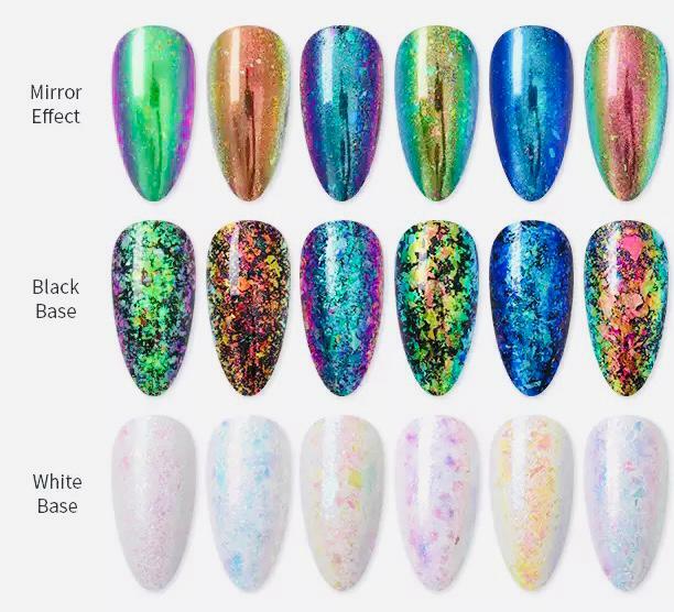 Aurora Chameleon Nail Flakes Transparent White Rainbow Unicorn Mirror Powder UK