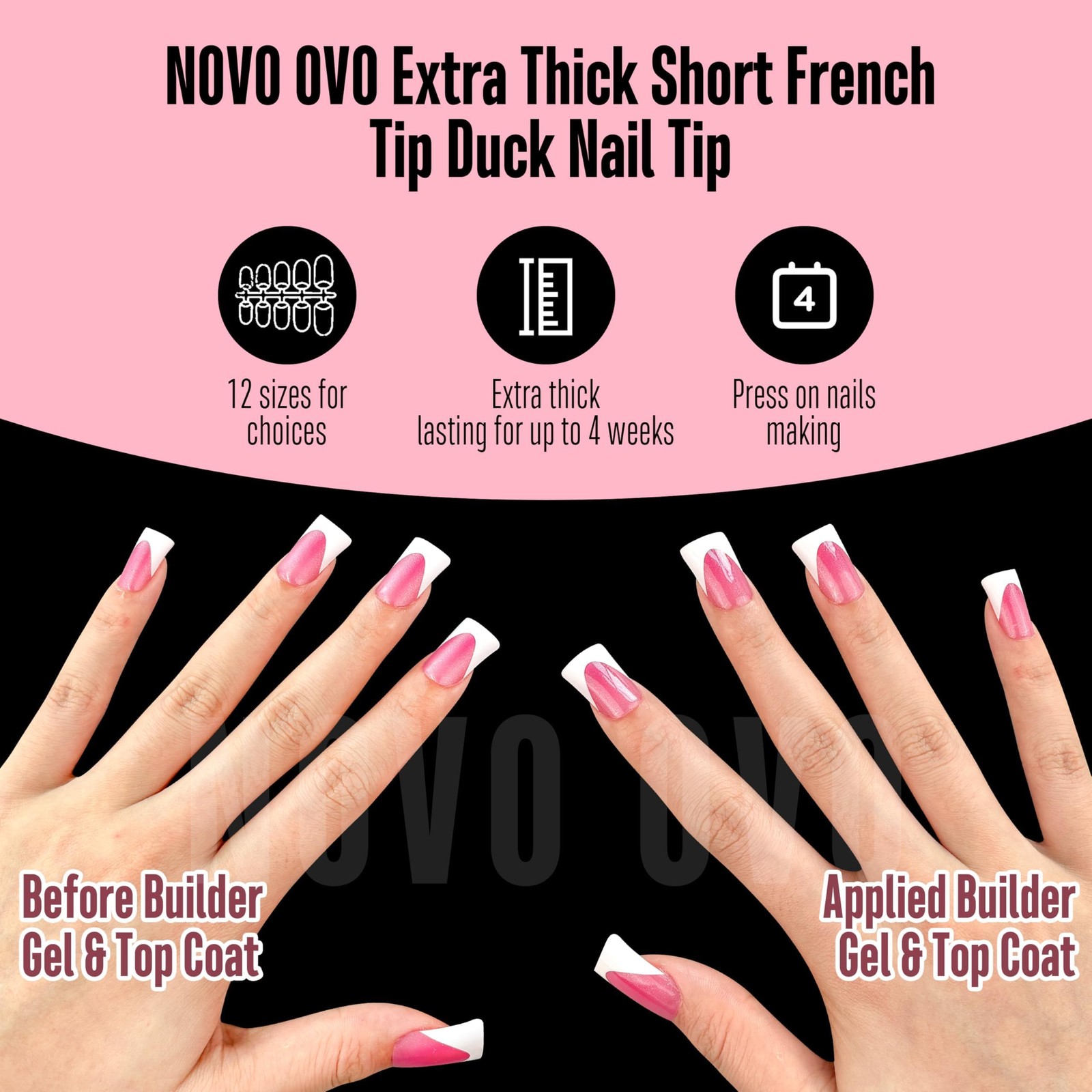 NOVO OVO Short Duck Nail Tips French Tip Press On ROSE PINK with Glitter, Sof…