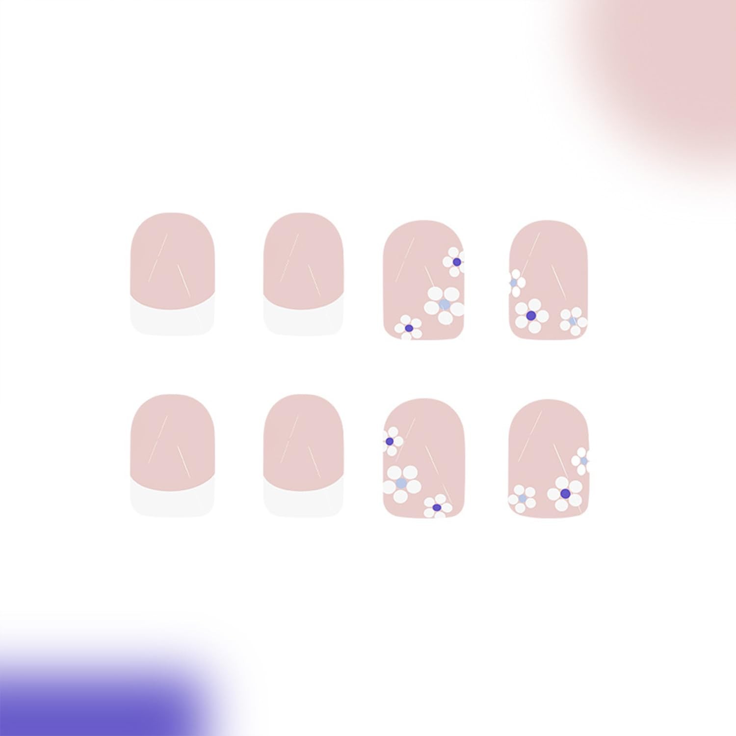 White French Tip Press on Nails Short Square Fake Nails White Flowers False N…