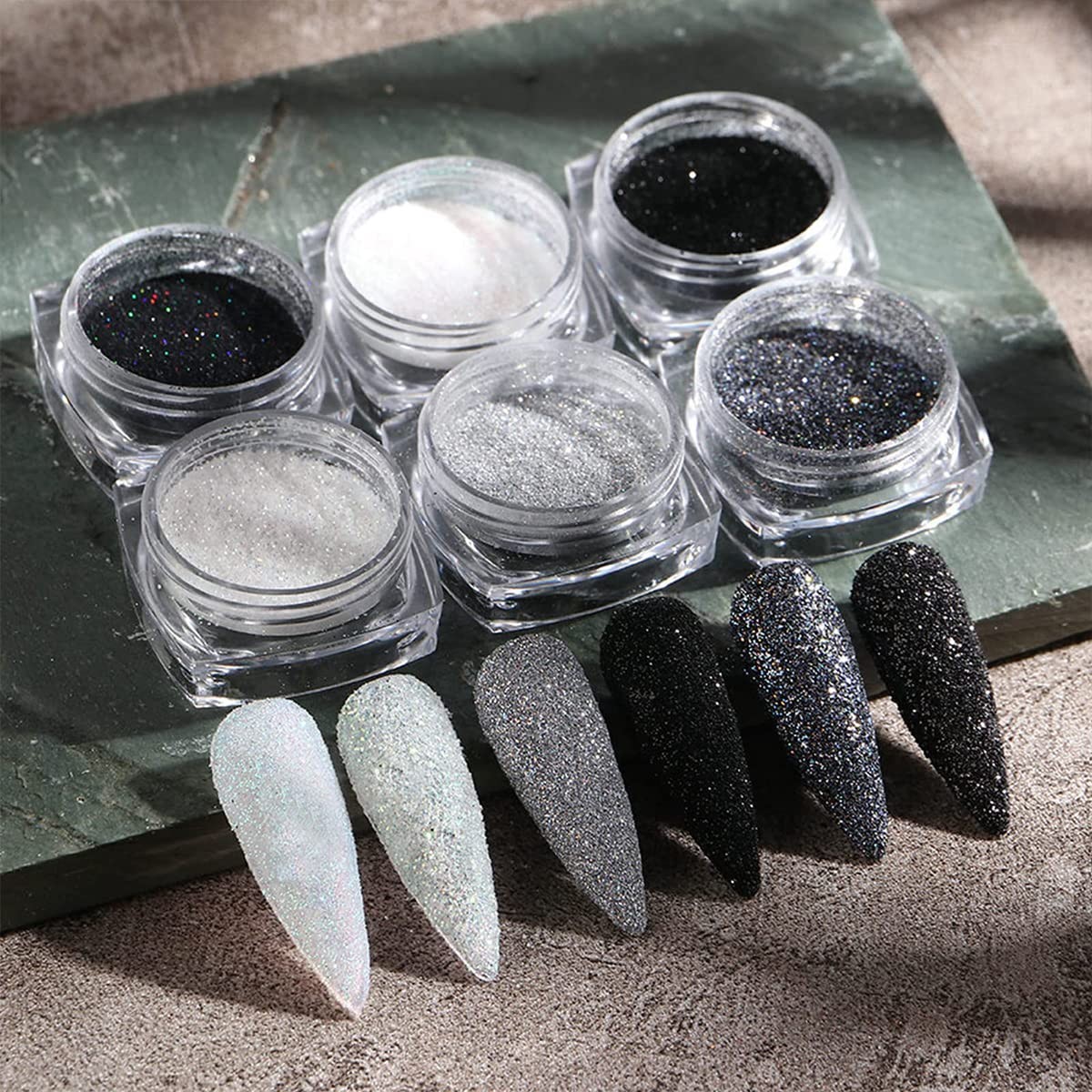 6 Jars Nail Glitter Powder Black White Sliver Dust Sugar Powder, Superfine Fr…