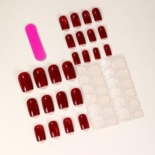 Red Cat Eye Press on Nails Square Fake Nails Bling Glitter Design Short Style-9