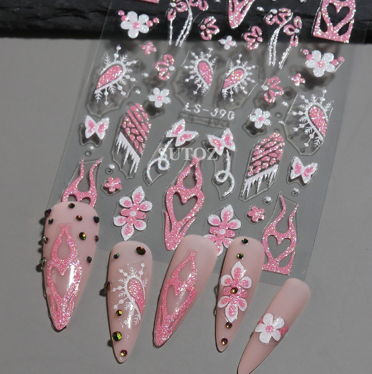 Pink White Glitter 3D Nail Stickers Flower Star Flame French Transfer Decals NH6