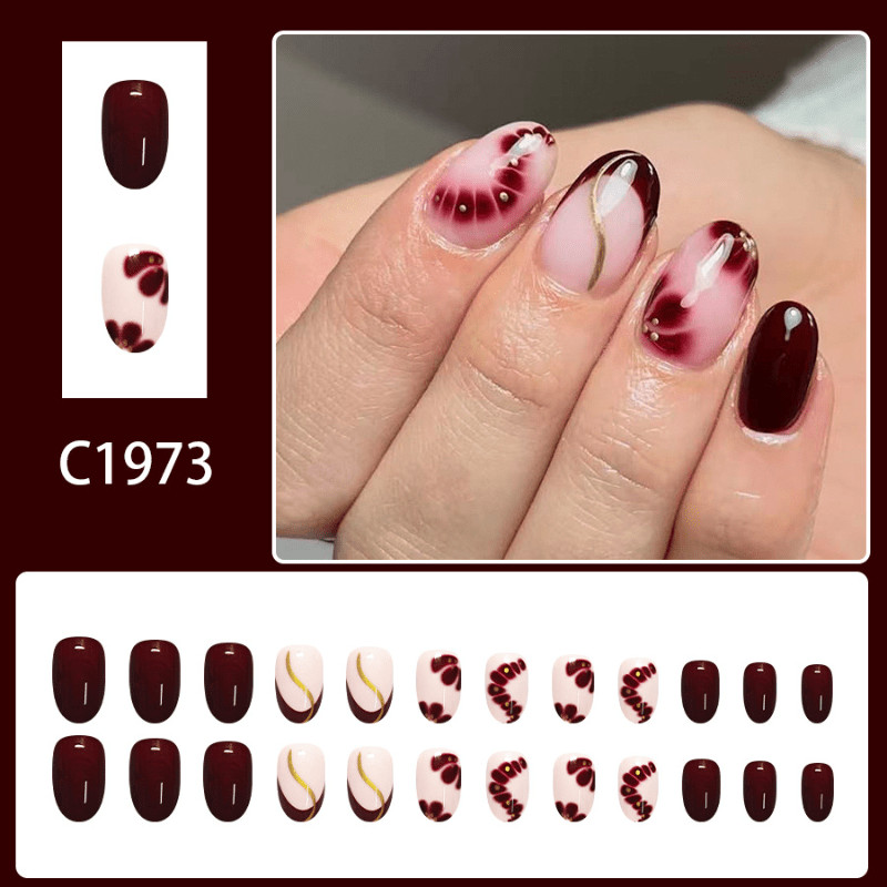 48Pcs-Short Oval Burgundy Blush Gradient Gold Line Tiny Bead Fake Press on Nails