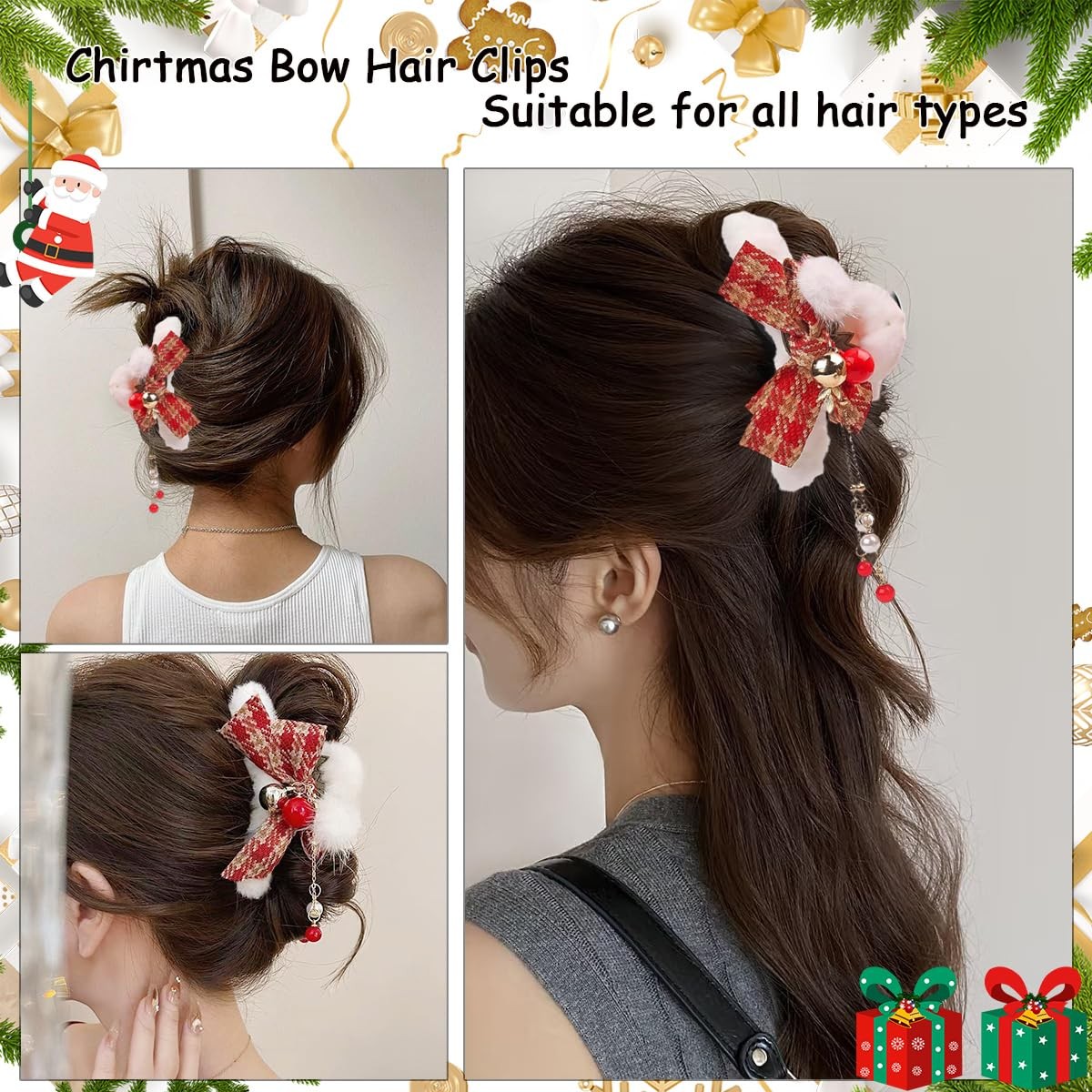 1Pcs Christmas Hair Bow Clips for Women Xmas Winter 3 Count (Pack of 1), Red