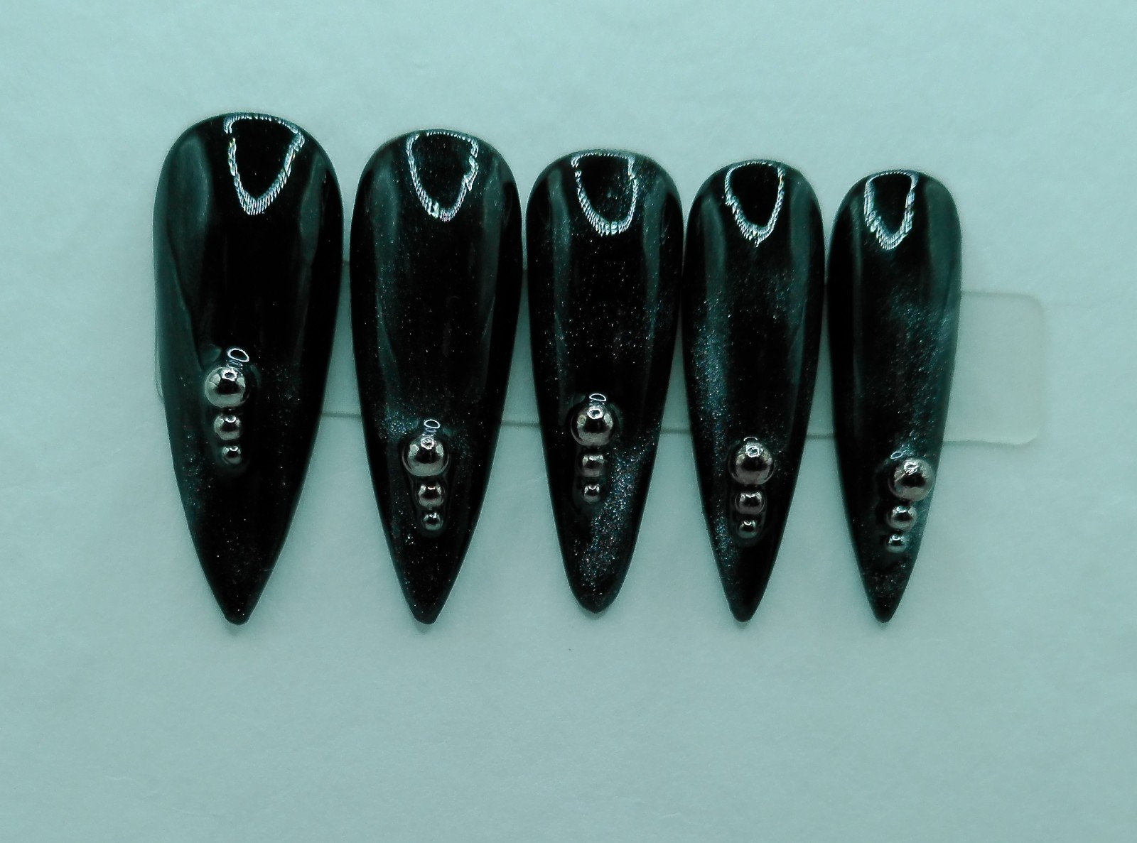 Long Stiletto Press-on Nails, Black Galaxy Cat Eye and Gun Metal Beads – Large