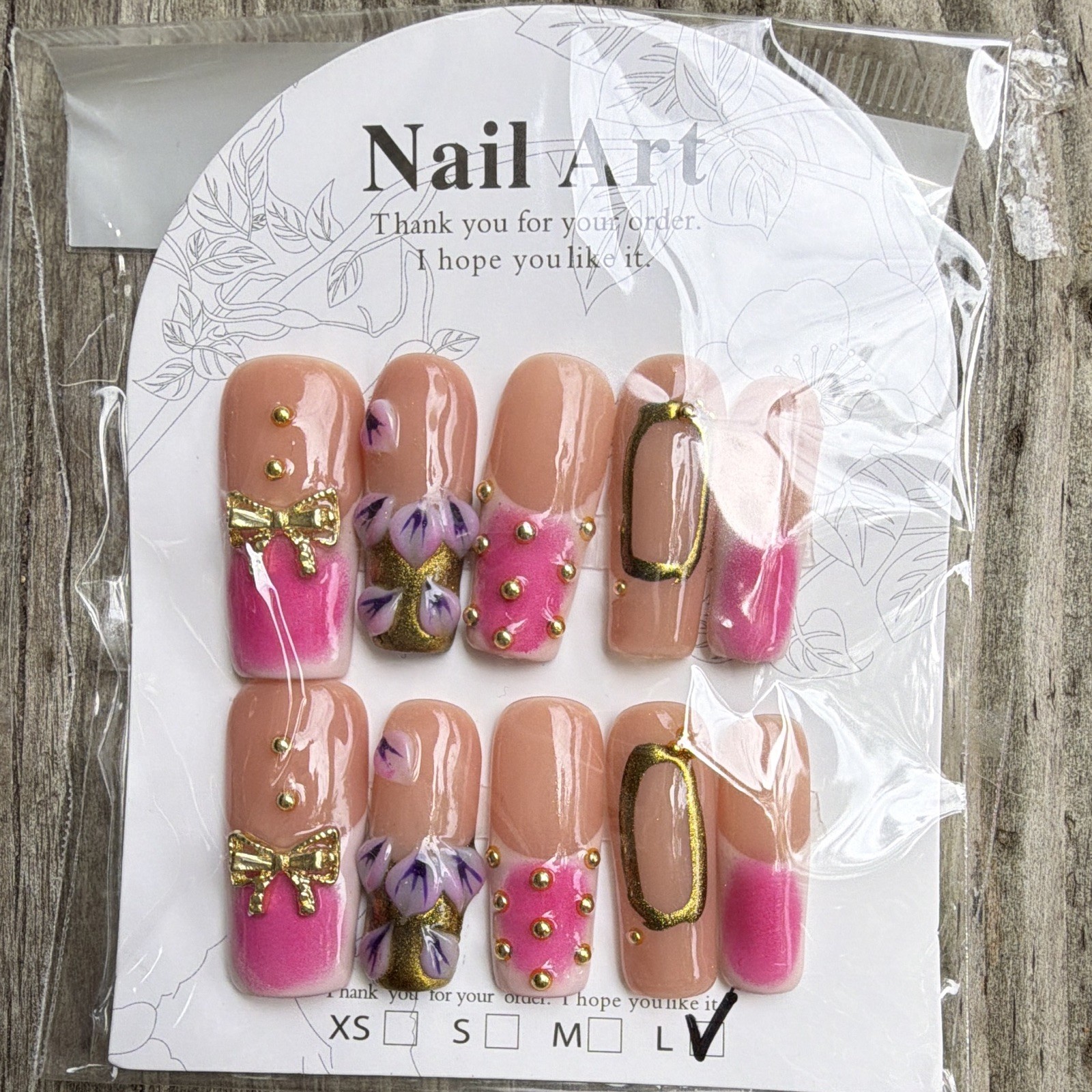 Press-On Nails Pink Nude White Glitter 3D Floral Long Square lot of 7 Large