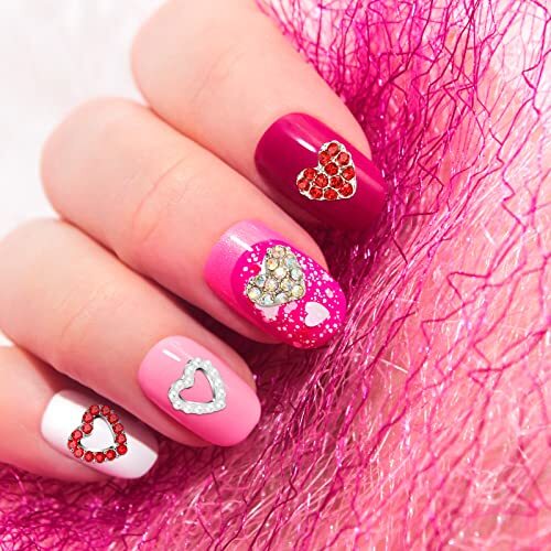 60 Pieces Valentines Day 3D Heart Nail Charms Heart Nail Rhinestone Novel Style