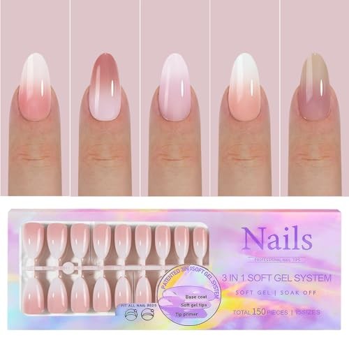 150Pcs Ombre Press on Nails Almond Fake Nails Nude Pink Gradient Medium Style 1