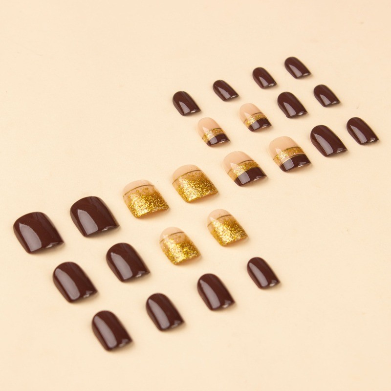 48Pcs-Chocolate Brown Gold Line Press on Nails Glossy Short Square Nail Art Set