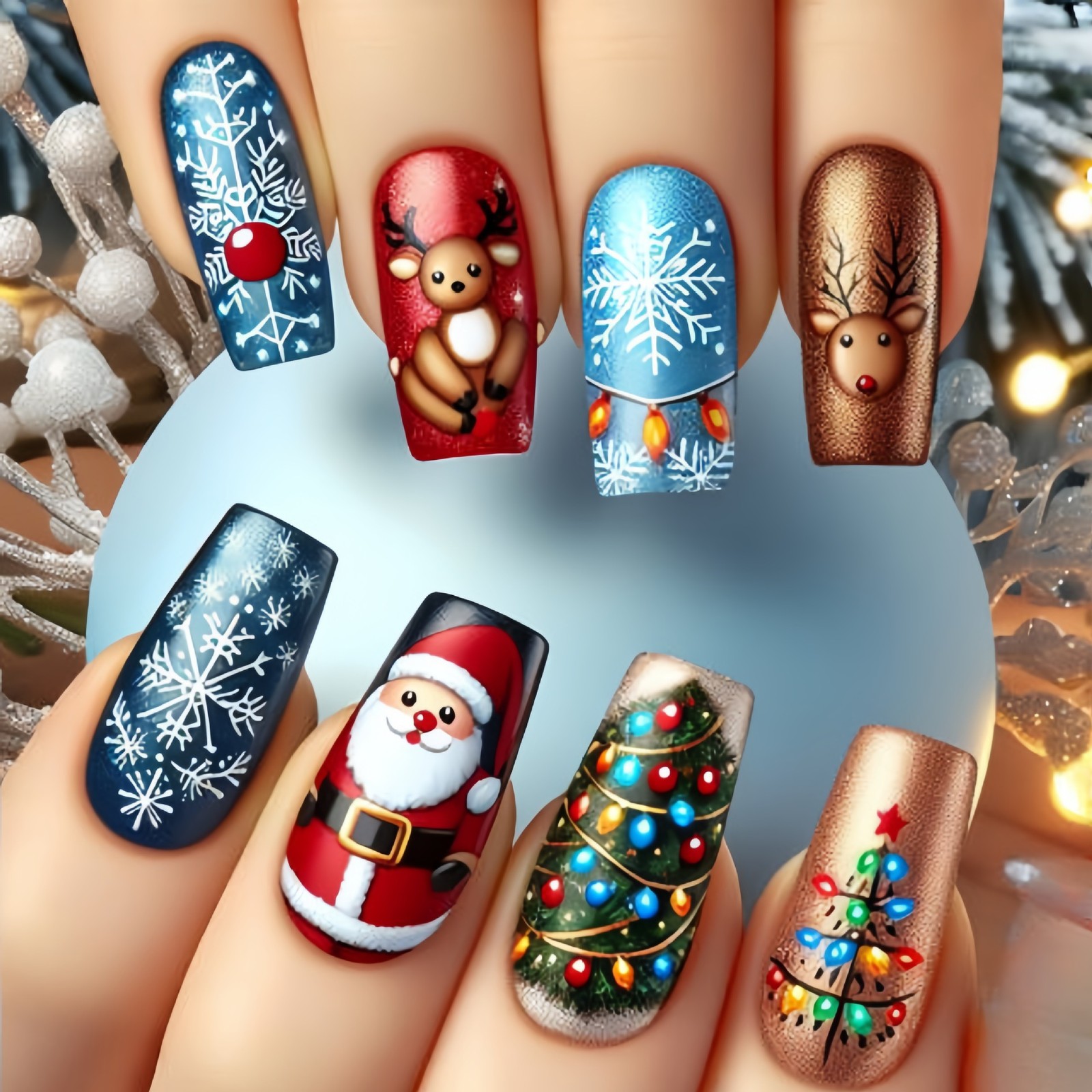216pcs Christmas Press on Nails Santa Snowman Reindeer Festive False Nails 9Pack