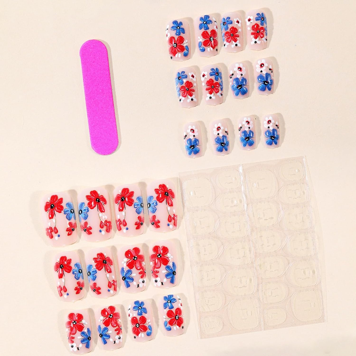 4Th of July Press on Nails Medium Square Fake Nails with Blue Red White Flower D