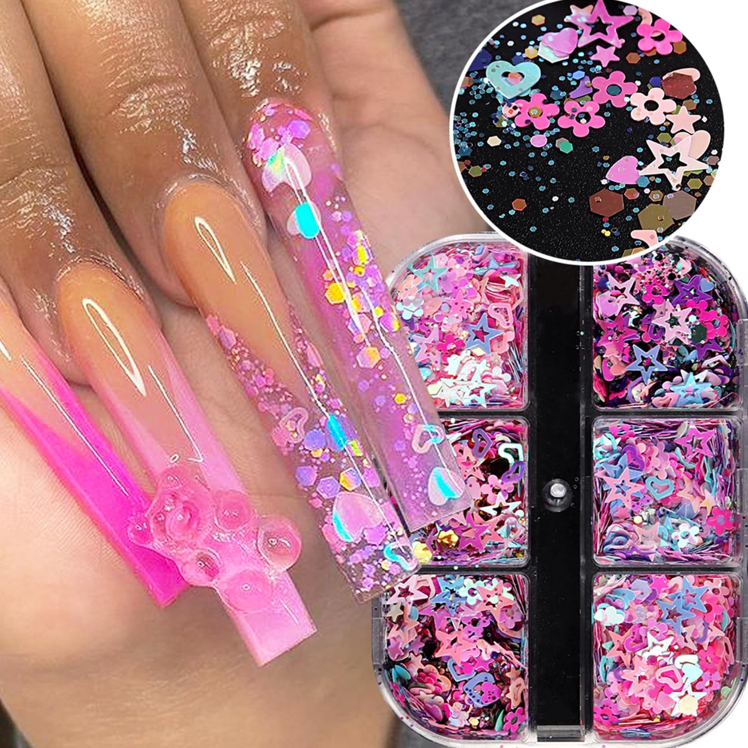Heart Nail Art Glitters Sequins Mixed Hollow Star Flower Nail Sequins Star Ho…