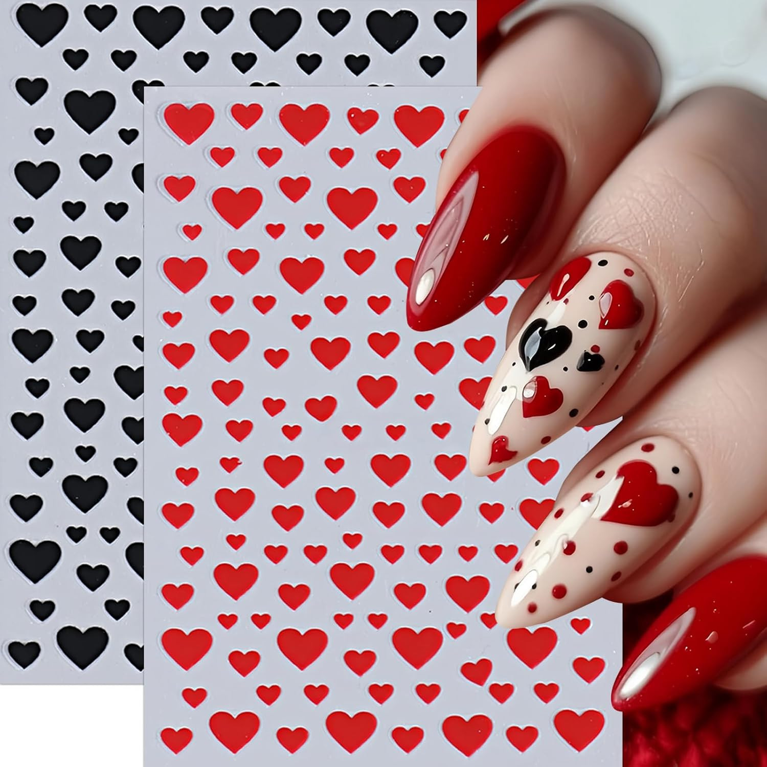8Sheets Heart Nail Stickers Red Love Nail Decals 3D Self-Adhesive Valentine’S Da