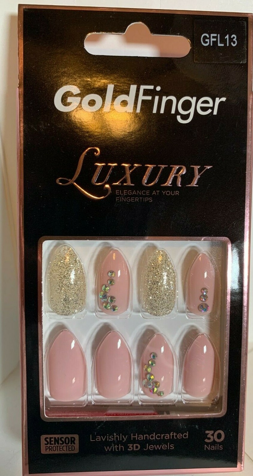 Gold Finger Nails Manicure Medium Pink Jewel Almond Glitter Silver luxury