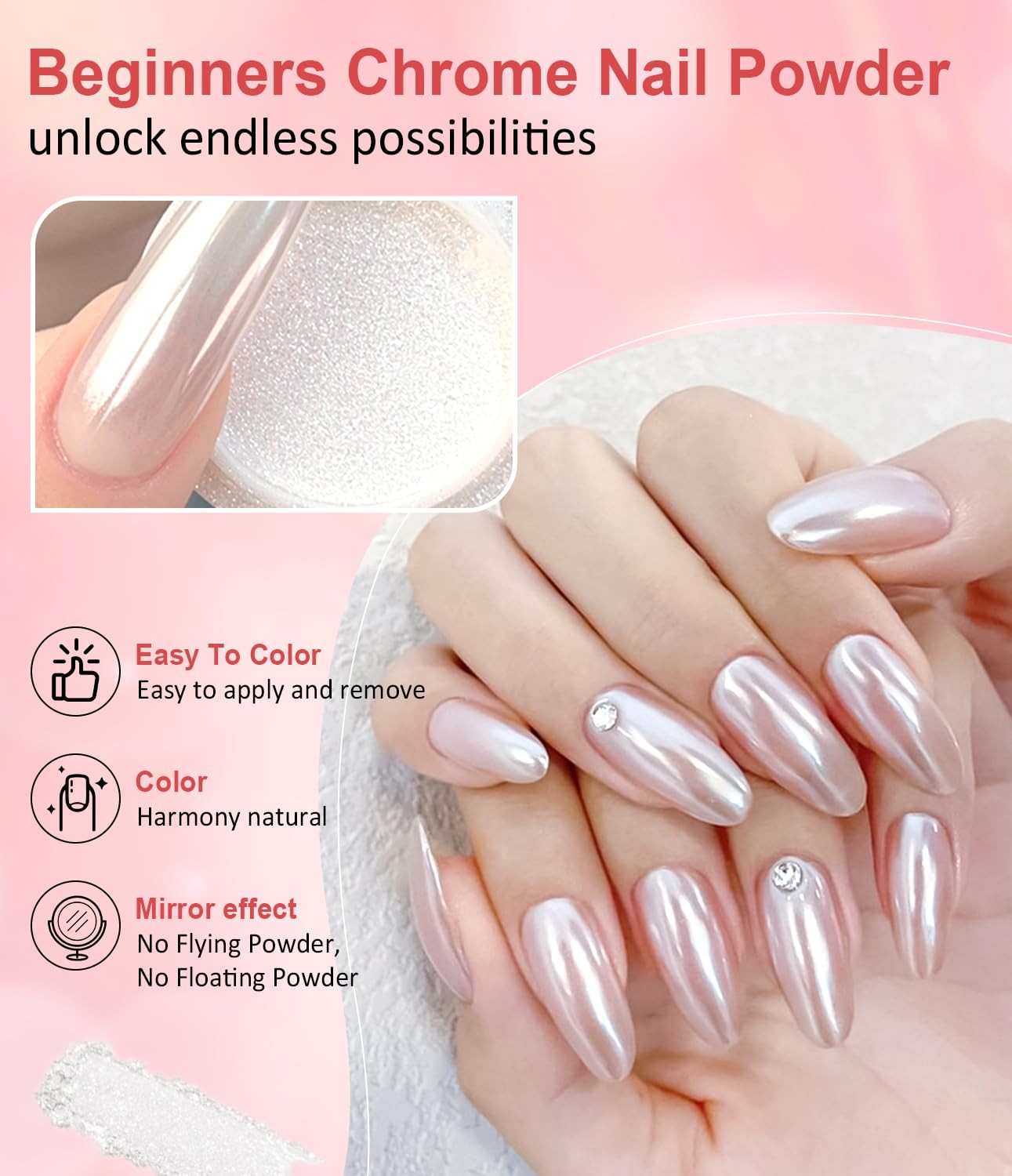 Pearl Chrome Nail Powder BISHENGYF -【Mirror Shinny Effect】 Magic Mirror Silve…