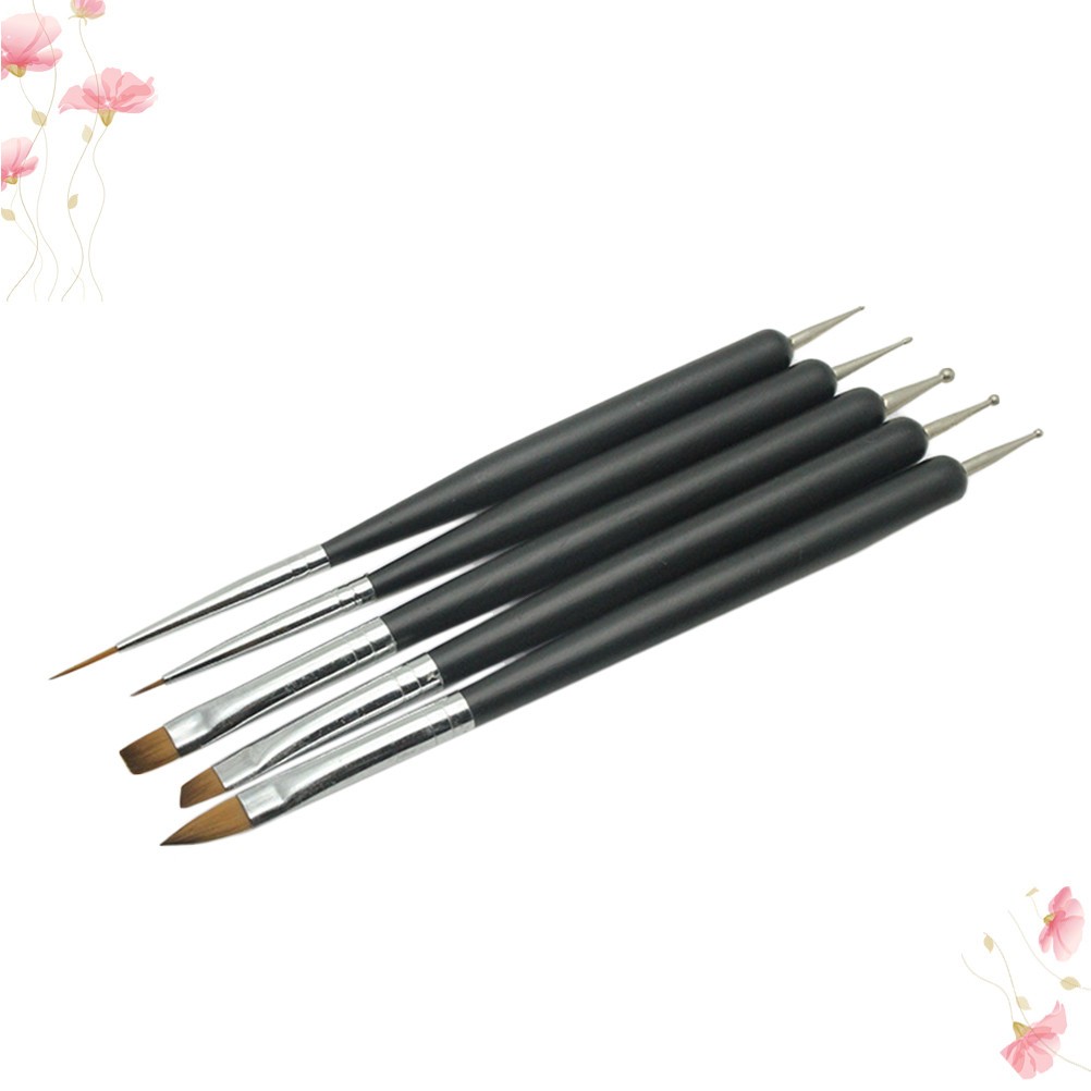 5Pcs Manicure Pen Set Double End Nail Brush and Carving Tip Black for Nail Art