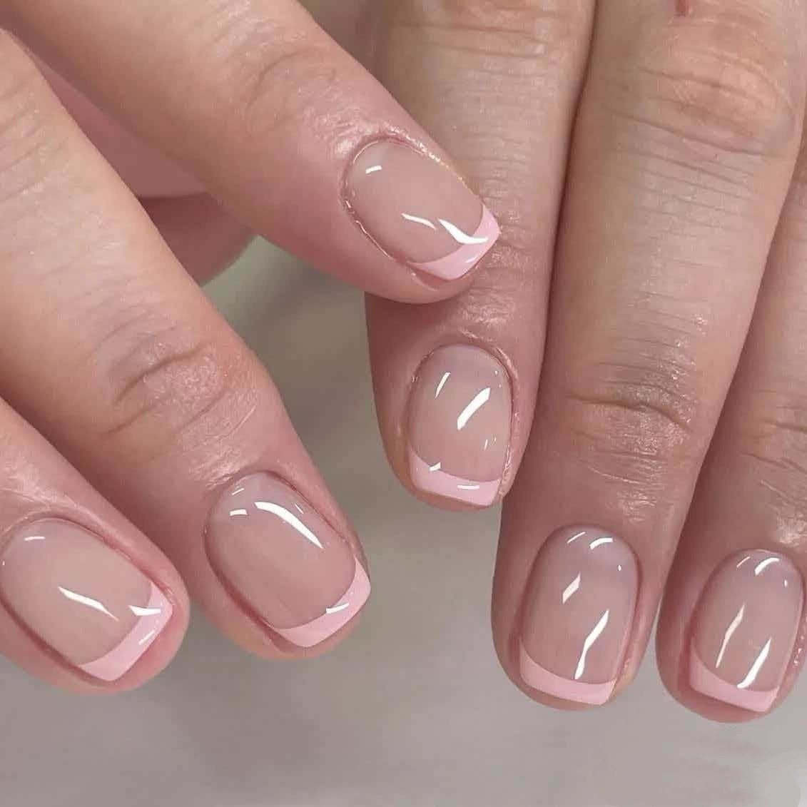 24pcs Minimalist French-style Rose-pink Edge Press-on Nails, Short Square Shape