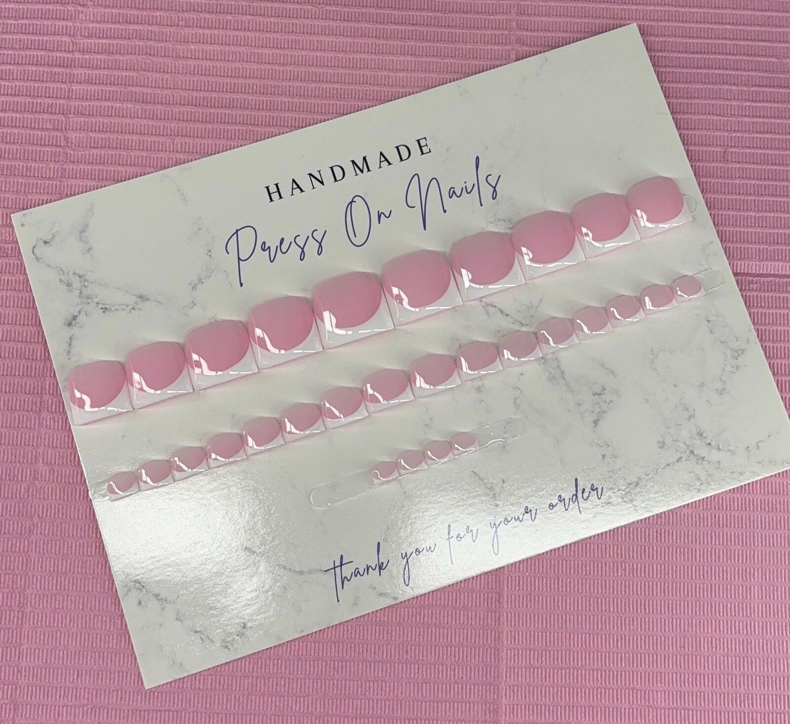 press on toenails pink nude white French tips handmade gel