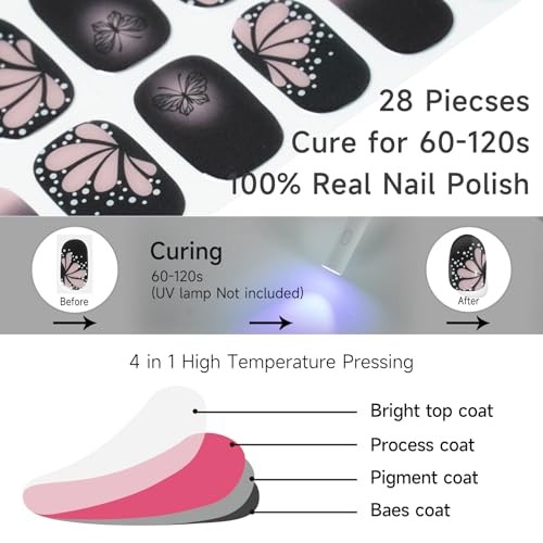 Semi Cured Gel Nail Strips, Dark Butterfly | 28 pcs Gel Nail Strips Work with