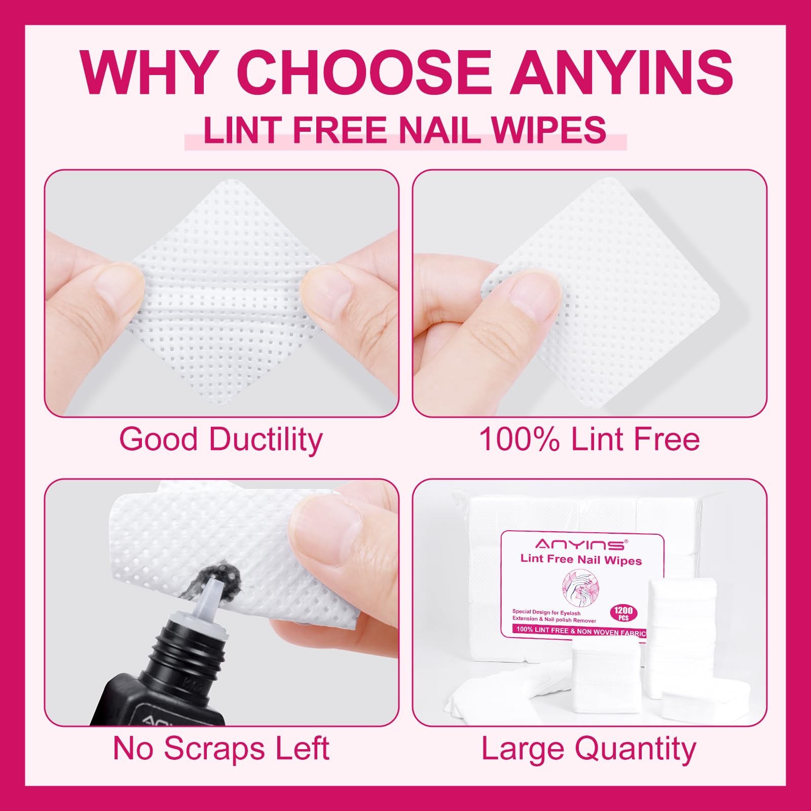 ANYINS Lint Free Nail Wipes, 1200PCS Non-Woven Fabric Cotton Pads for B-White