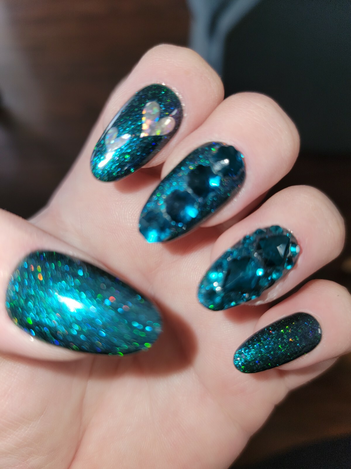 Dark green teal nails bling medium natural oval press on nails apres tips hearts