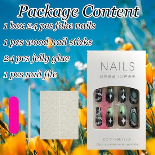 24Pcs Square Press on Nails Medium Punk Fake Nails Green Punk Nails Medium-24