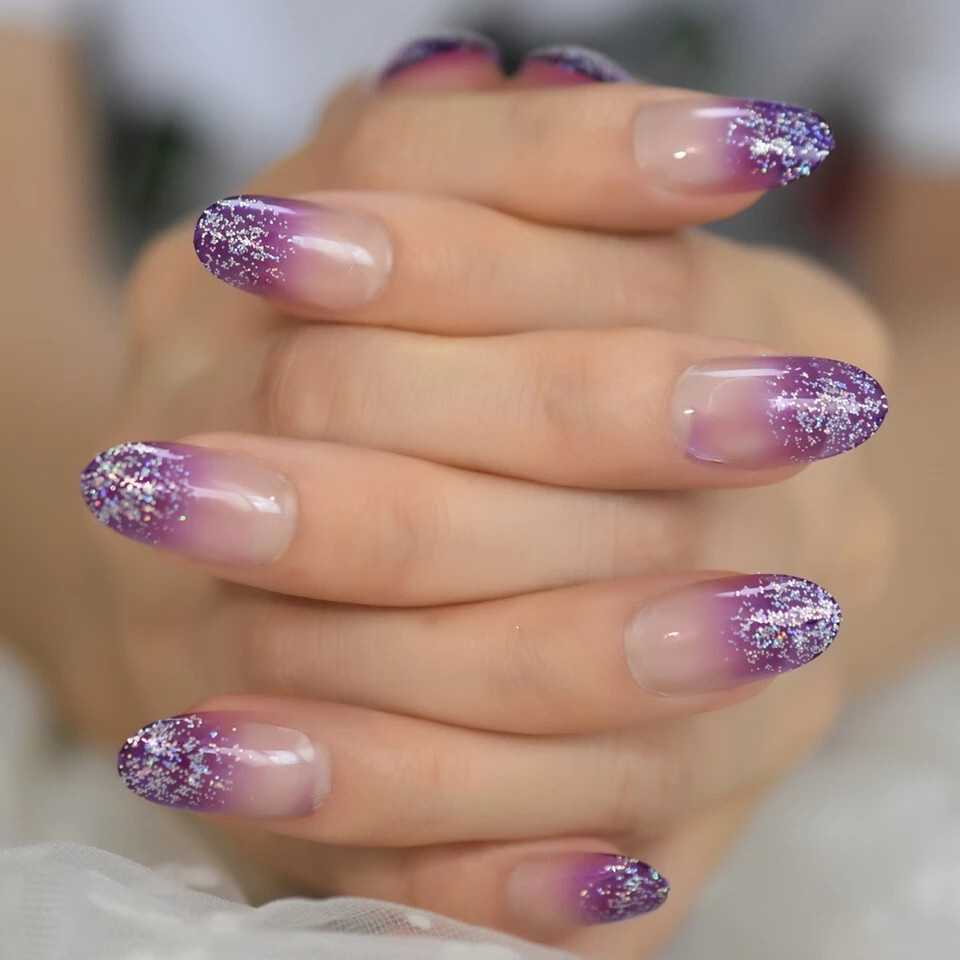 24 Medium Press on Nails kit glue on grape jelly ombre glitter clear