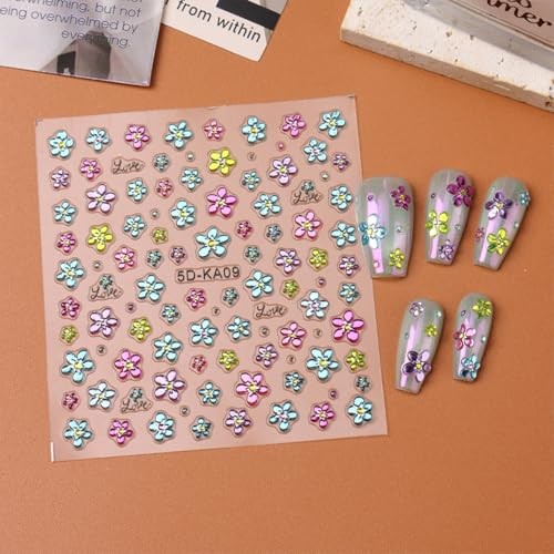 3 Sheets Spring Summer Flowers Nail Art Stickers Blue Green Purple Flowers
