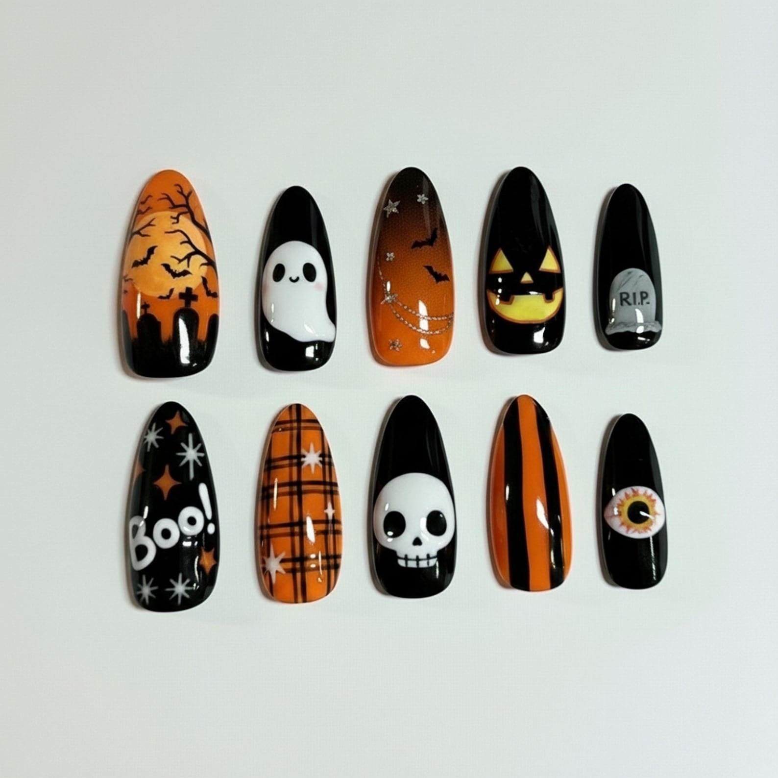 Custom Handmade Halloween Ghost Pumpkin Skull Eyeball Almond Press on Nail