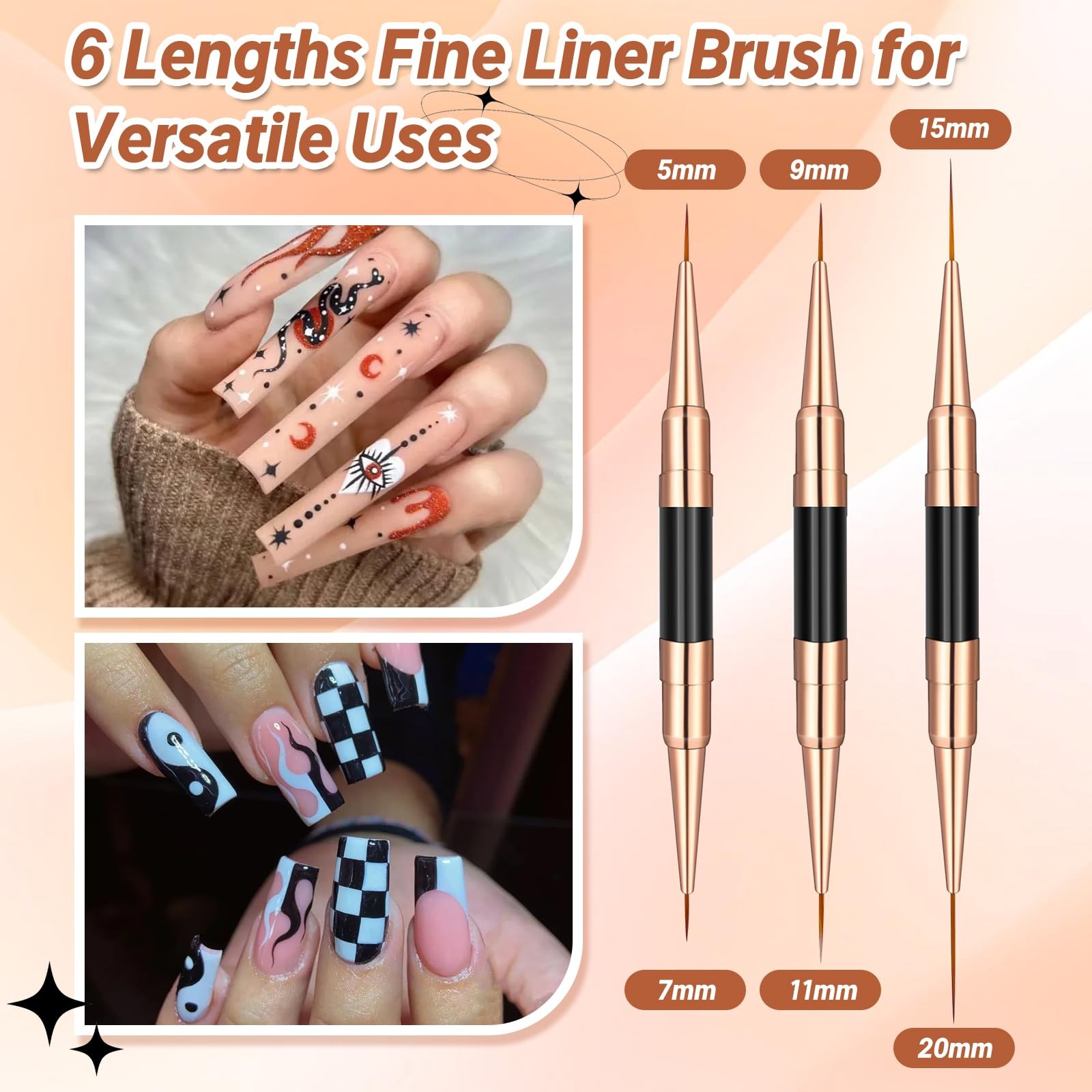 Double-Ended Acrylic Nail Art Liner Brushes, 6Pcs Gel Polish Black