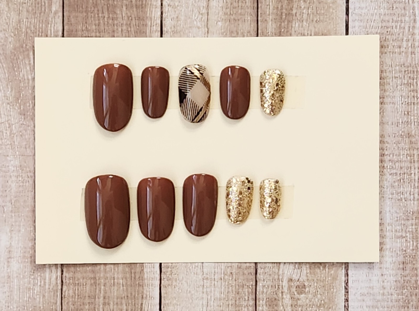 Custom Press On Handmade Gel Nails Brown Gold Plaid Accent Oval Short 20 Tips