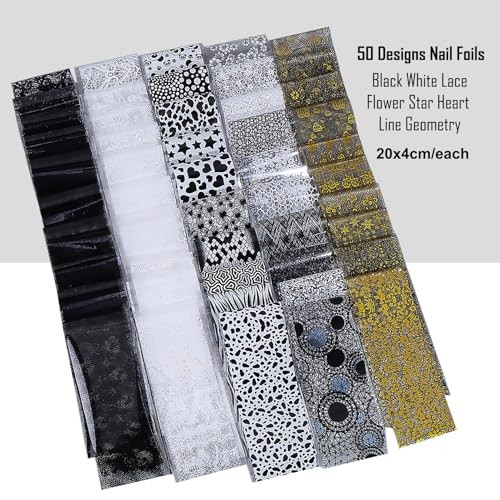 Lace Nail Transfer Foil Stickers 50PCS Black White Flower Lace Nail Foils Line