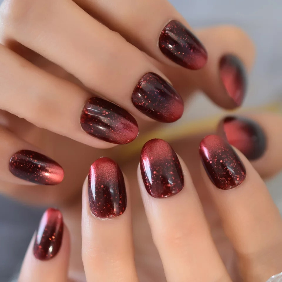 24 Medium Press on Nails kit glue on red galaxy ombre dark glitter
