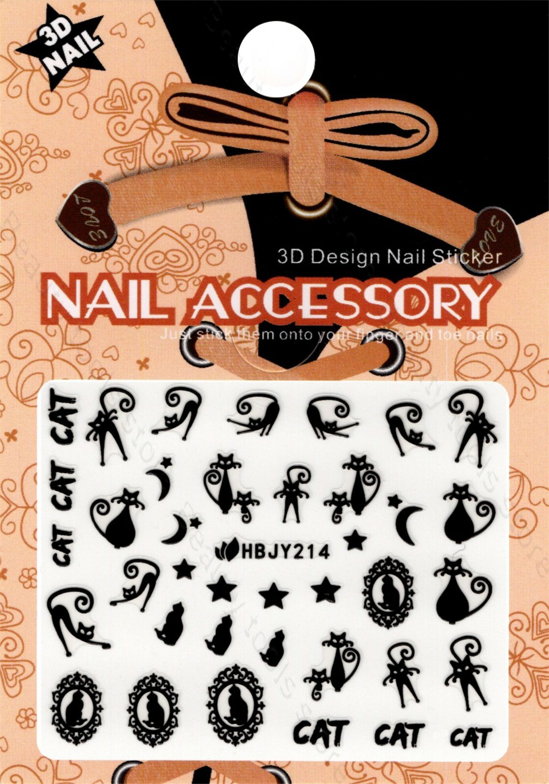 Nail Art 3D Decal Stickers Black Cats Love HBJY214