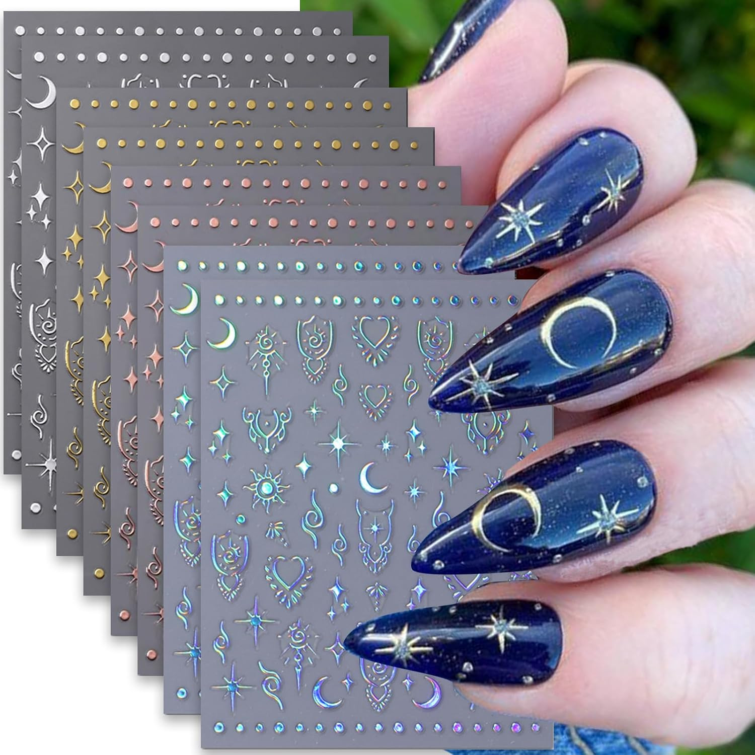 Moon Star Nail Stickers, 3D Self-Adhesive Art Decals Stars Sun Design Stickers L