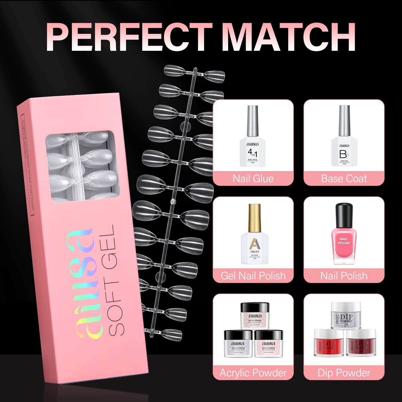 AILLSA Short Almond Nail Tips 360Pcs Full Cover Nails Tips Half Matte No File…