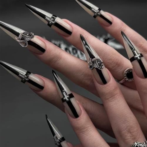 Press on Nails Long Stiletto Goth Black Fake Nails with 3D Goth Press on Nails