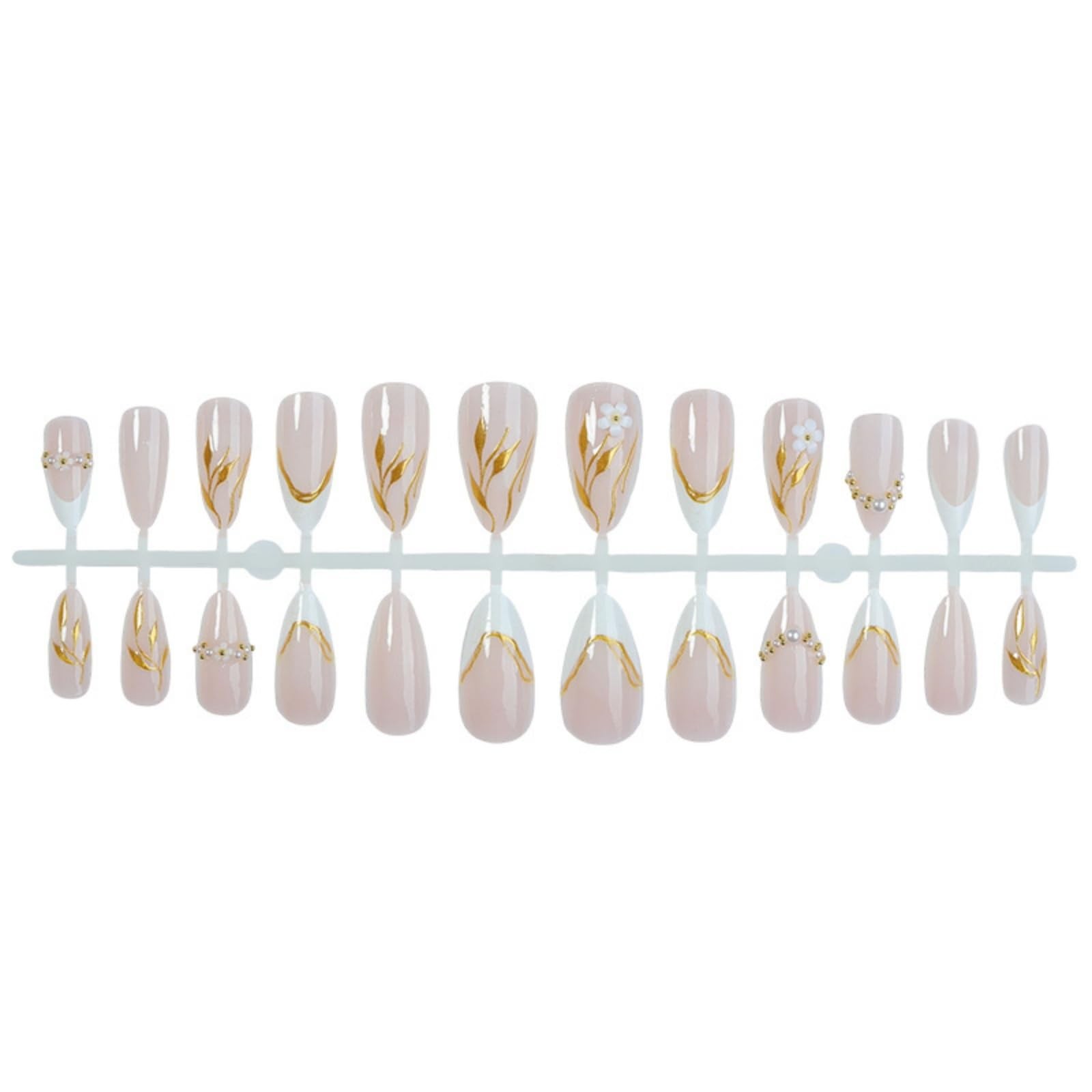 Almond Press on Nails White French Tip Fake Nails Gold Leaf False Nail with 3…
