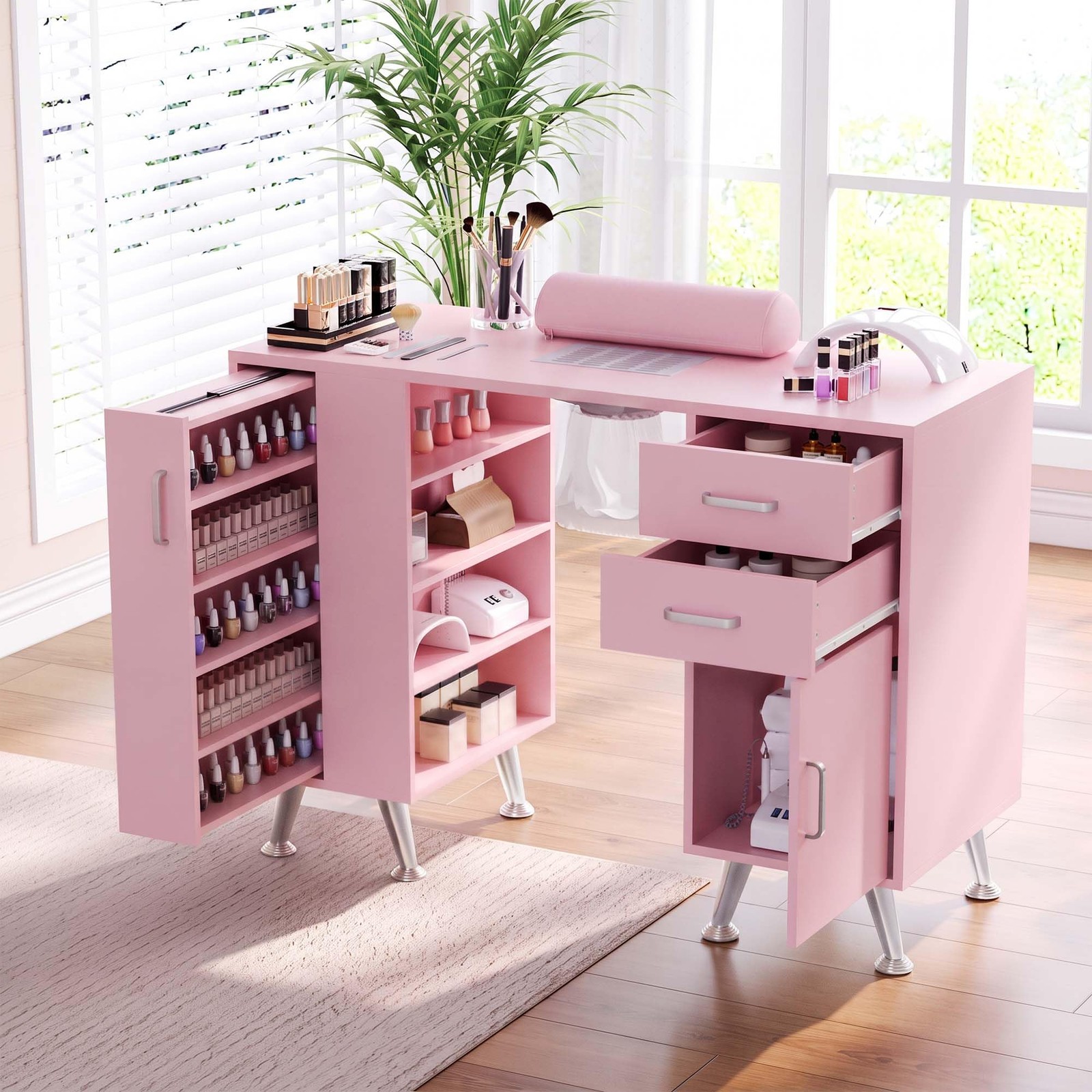 SunnyFurn 42.5” Nail Desk Pink w/ Dust Collector & Storage Drawers