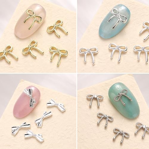 80Pcs 3D Metal Bow Nail Charms, 3D Bowknot for Nails, Cute Silver & Gold Alloy