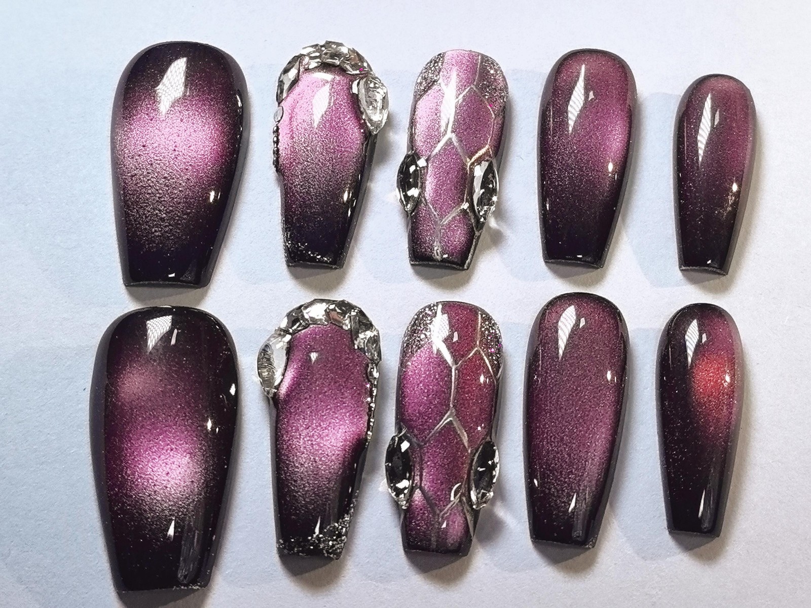 Custom Handmade Pink Purple Cat Eye Rhinestone Snake Scale Square Press on Nails