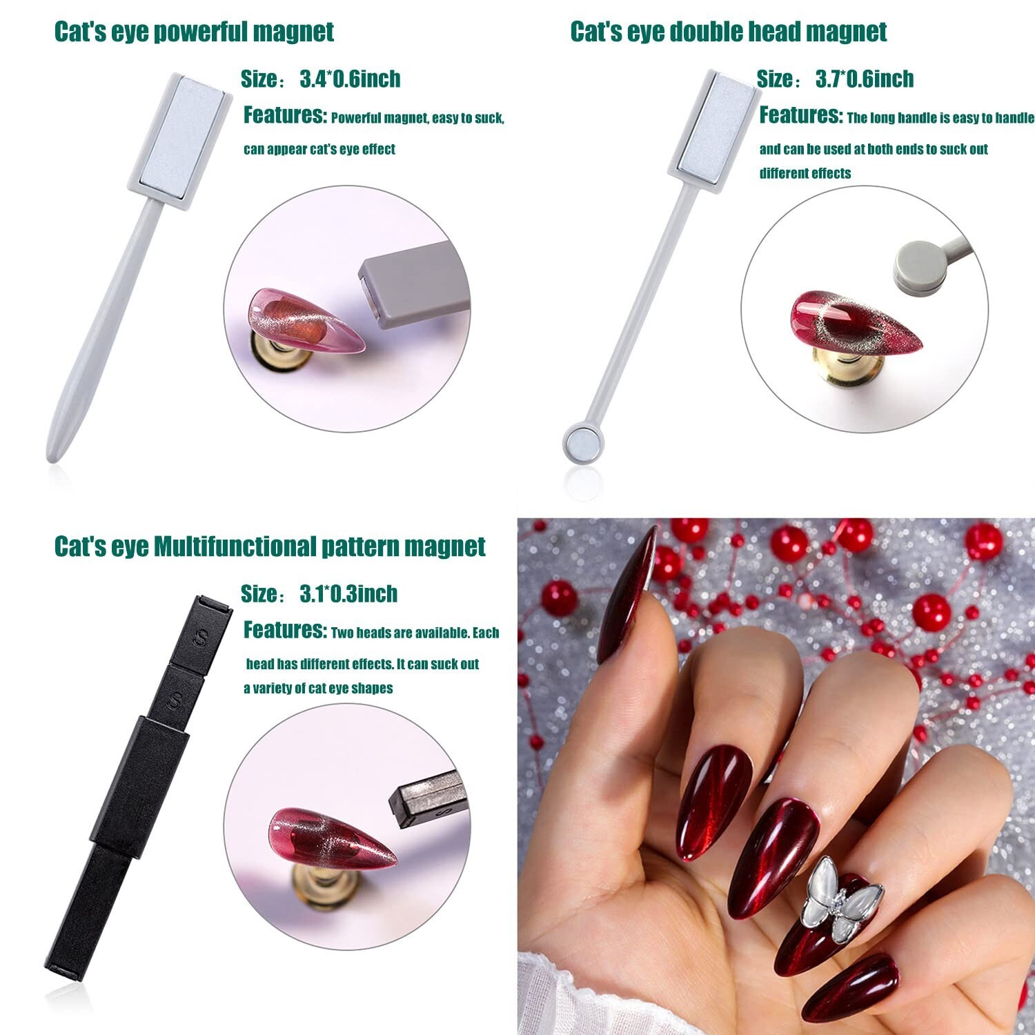 8 Pieces Cat Eye Magnet for Nails Double-head Flower Design Nail Magnet Pens Mag