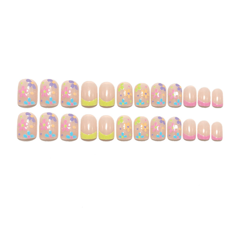 48 Pcs Pastel Floral Color French Short Square Press on Nails, Soft Fake Nails