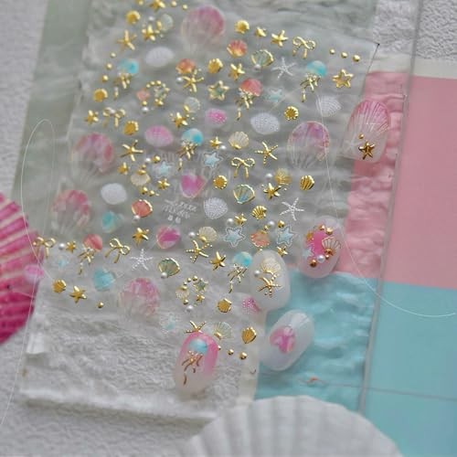 1 Sheets Summer Nail Decals for Nail Art 5D Gold Seashell Ocean Stickers-2