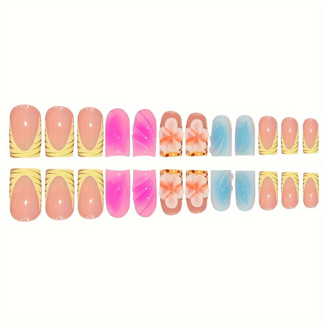 24Pcs Rainbow Gradient 3D Flower Press On Nails Bright Colorful Design