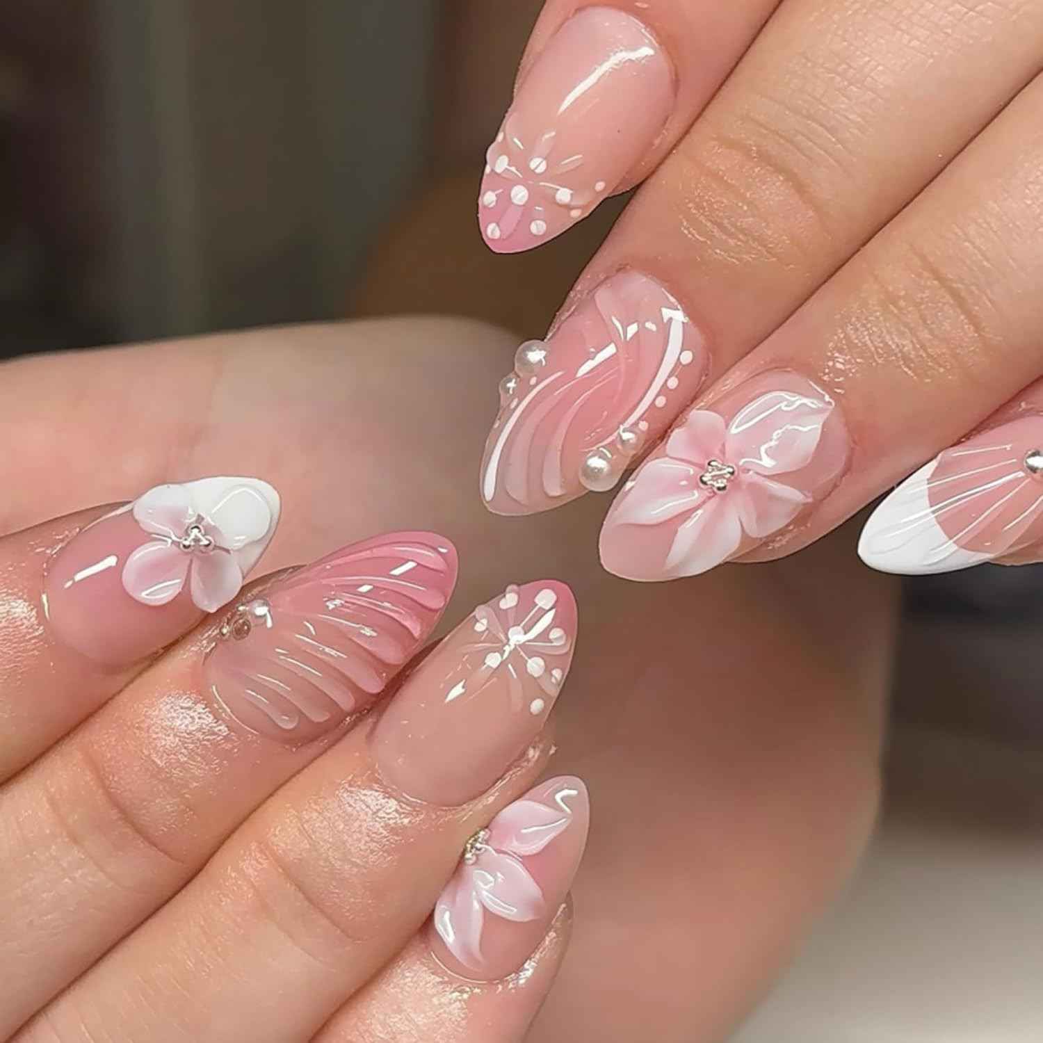 30Pcs Summer Press on Nails Medium Almond Fake Nails with 3D Floral Jellyfish St