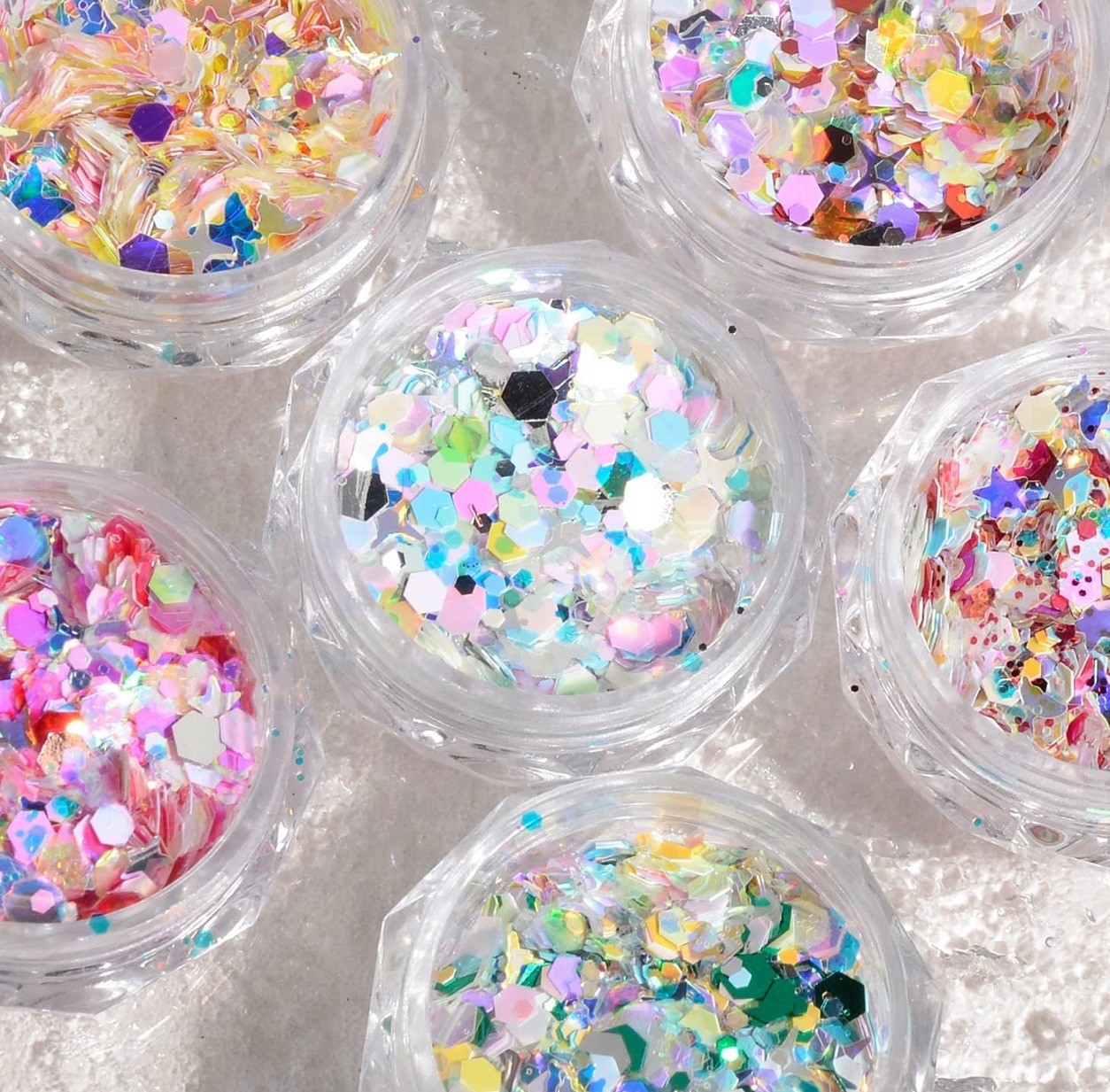 6Boxes 3D Holographic Nail Sequins Iridescent Glitter Foil Flakes Art Decoration