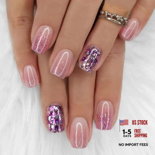 24Pcs Short Square Press on Nails – Nude Pink Gradient Glitter Fake Style24