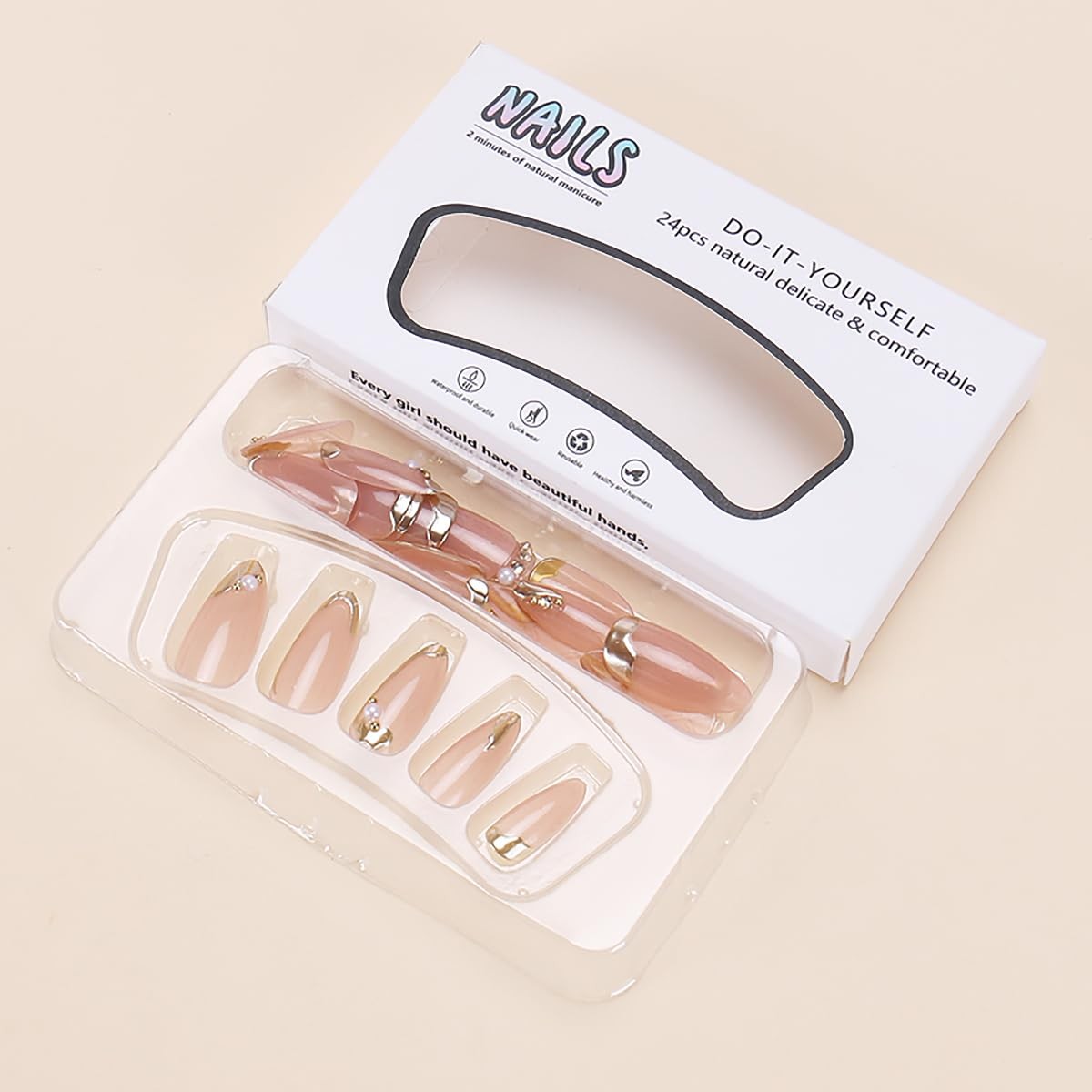 24 Pcs Gold French Tip Press on Nails 0.13 Fl Oz (Pack of 24), Multicolour